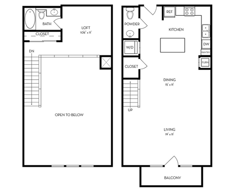 Floor plan for 1 bed, 1 bath, 856 sqft